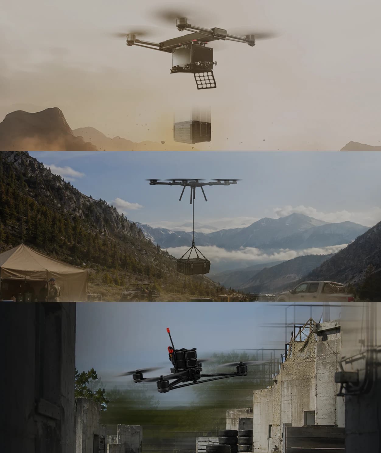 Draganfly drones in operation: a cargo drop over desert terrain, a heavy-lift drone carrying a supply case in the mountains, and an FPV drone in an urban training site